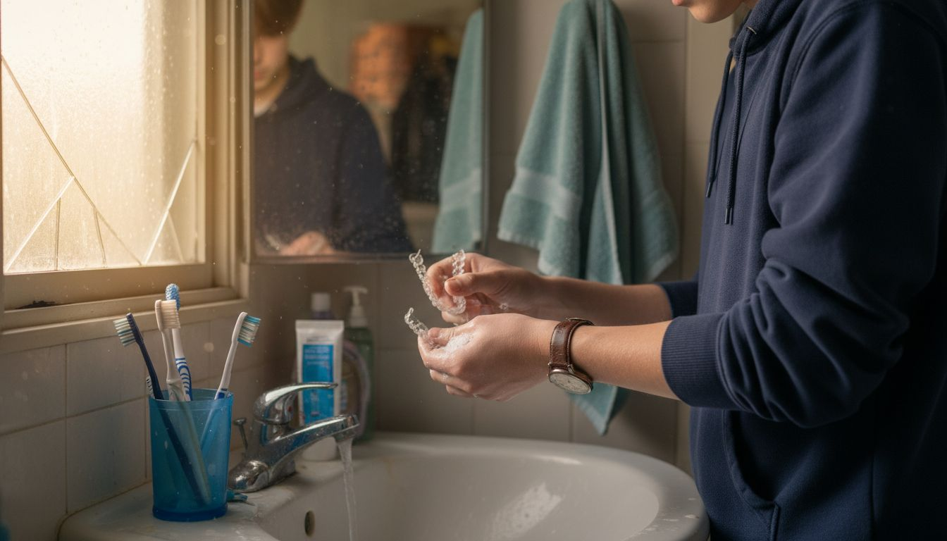 Teen washing hands holding Invisalign aligners