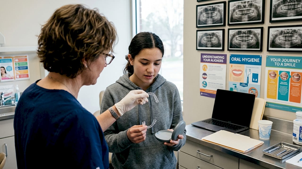 Orthodontist explaining clear aligners to teen patient