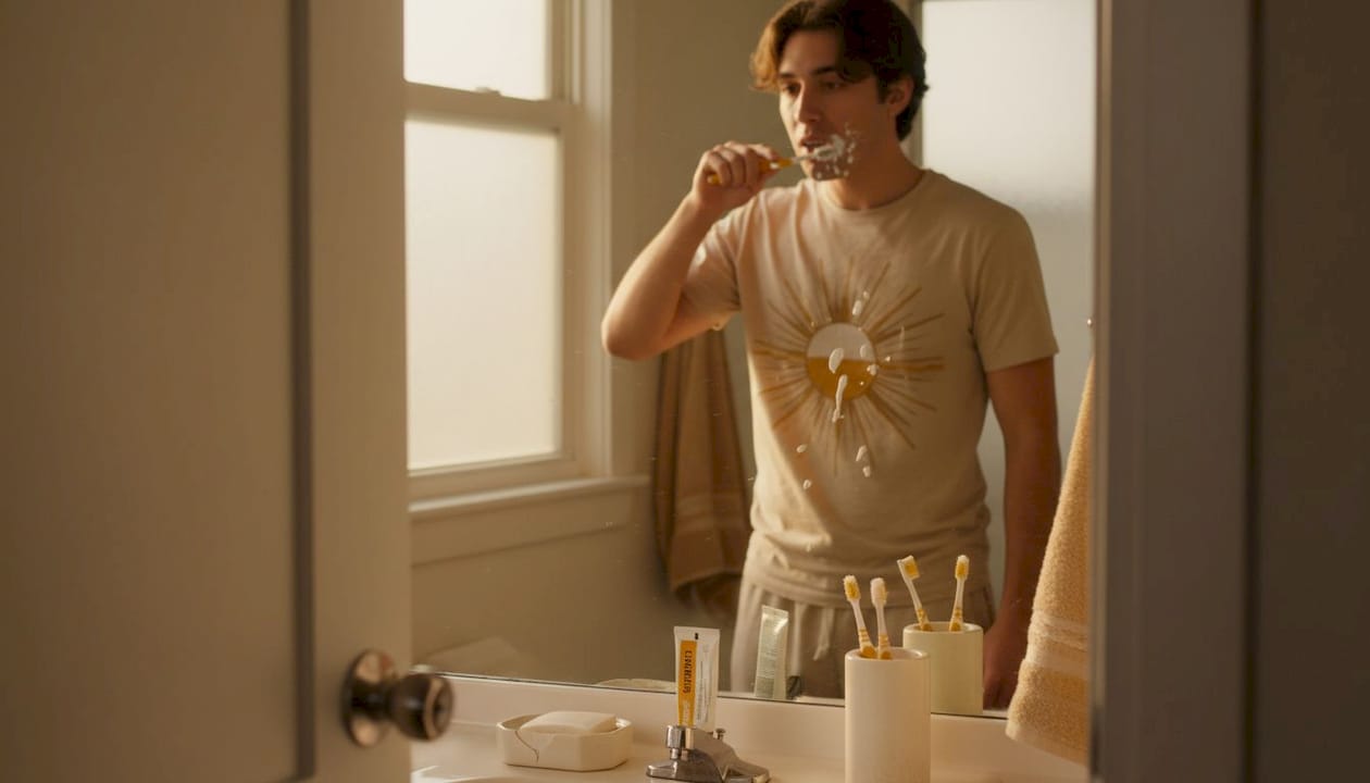 Person brushing teeth at home bathroom