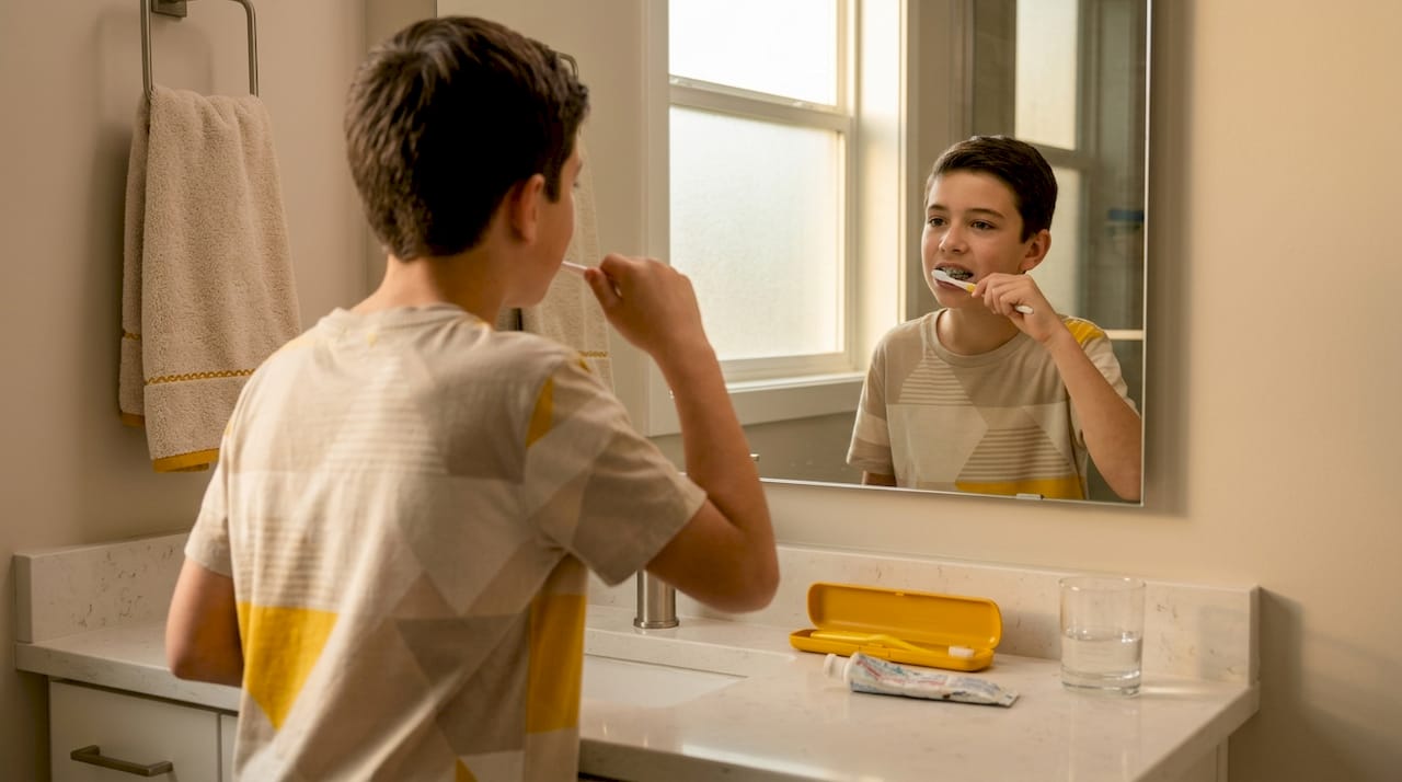 Child brushing teeth with braces carefully