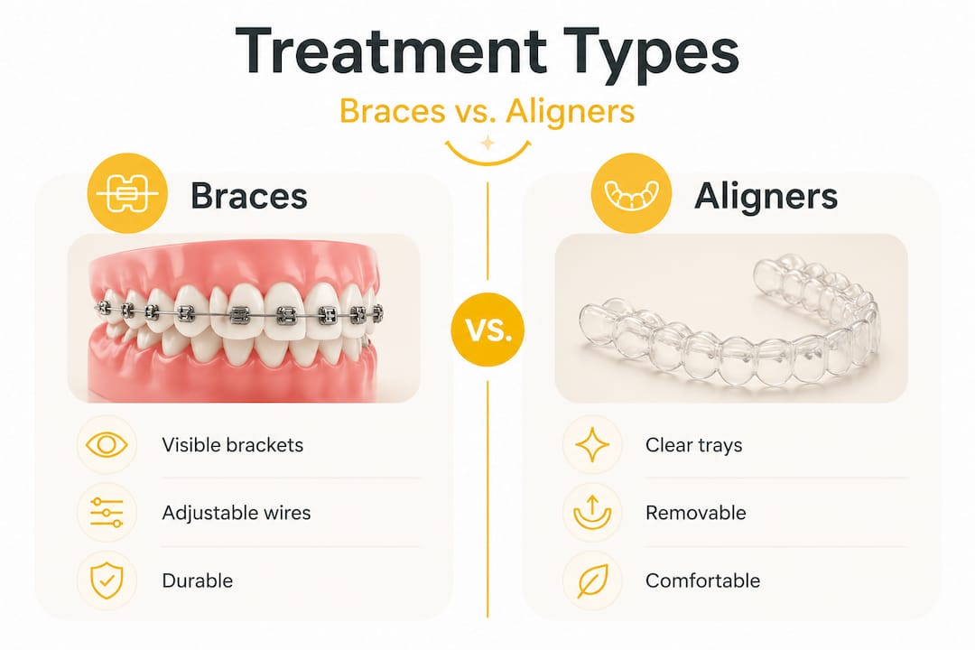 Infographic comparing braces and clear aligner features