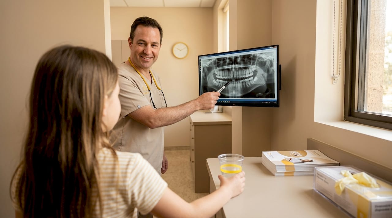 Orthodontist showing x-ray during early evaluation