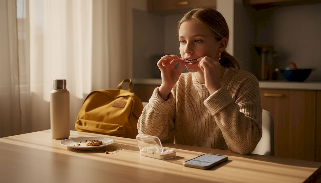 Teen girl inserts clear aligner trays