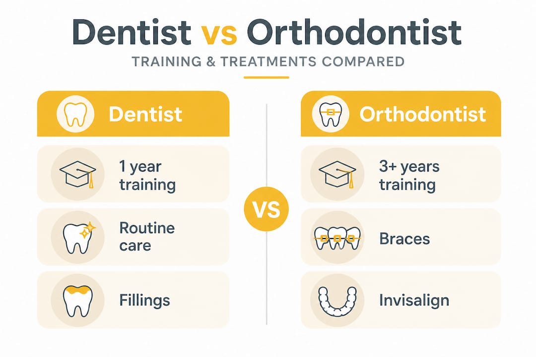 Split infographic comparing dentist and orthodontist
