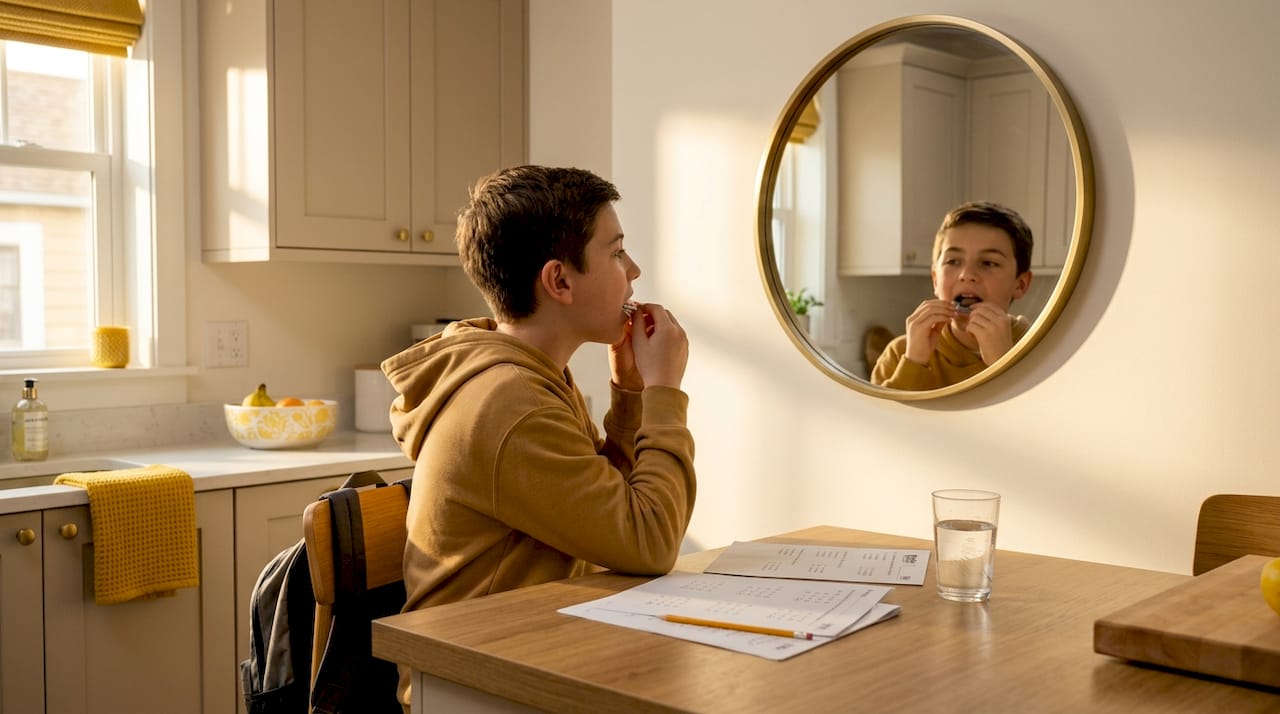 Child using orthodontic appliance at home