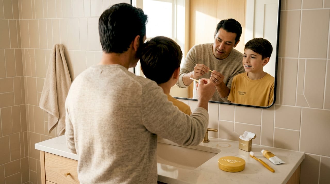 Parent assisting child with braces care routine