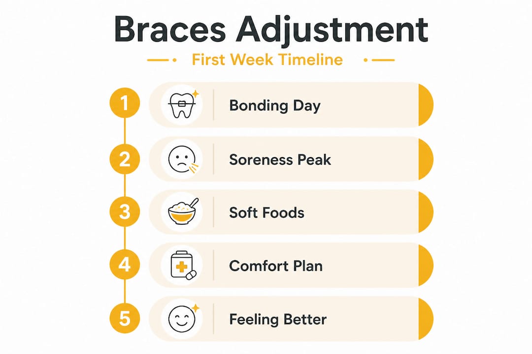 Infographic showing braces adjustment weekly steps