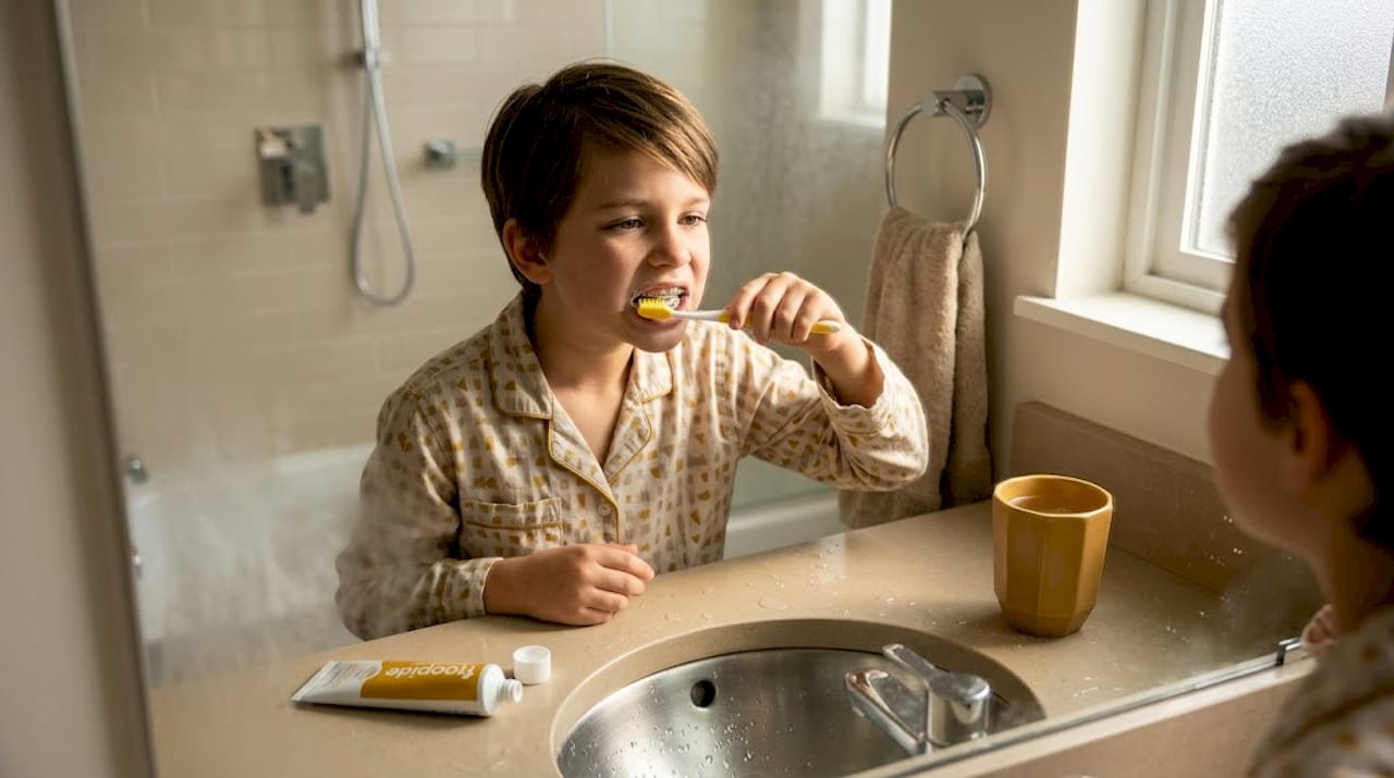 Boy brushing teeth with braces at sink