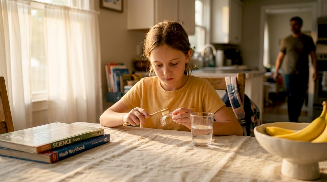 Child cleaning orthodontic retainer at kitchen table