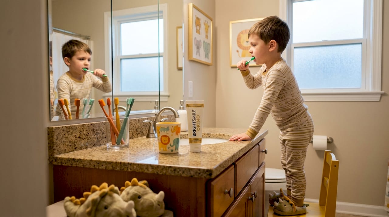 Child brushing teeth in home bathroom