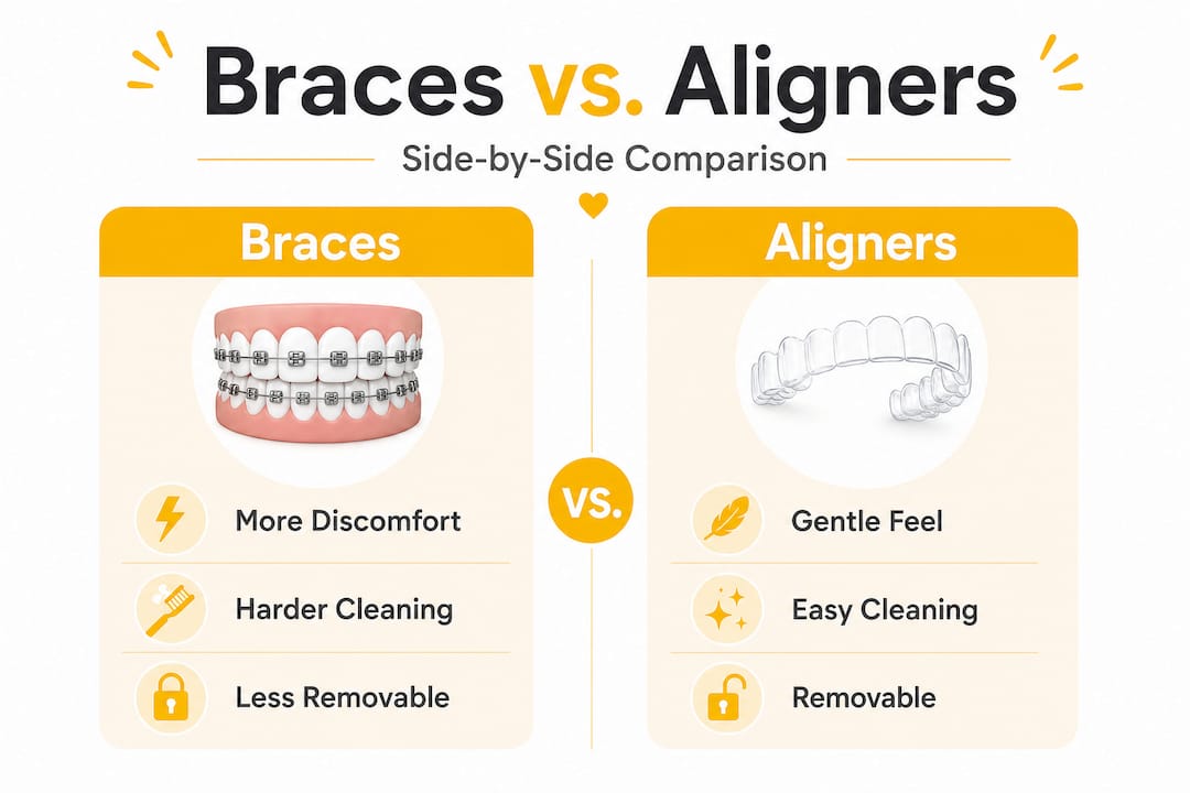 Infographic comparing braces and aligners features