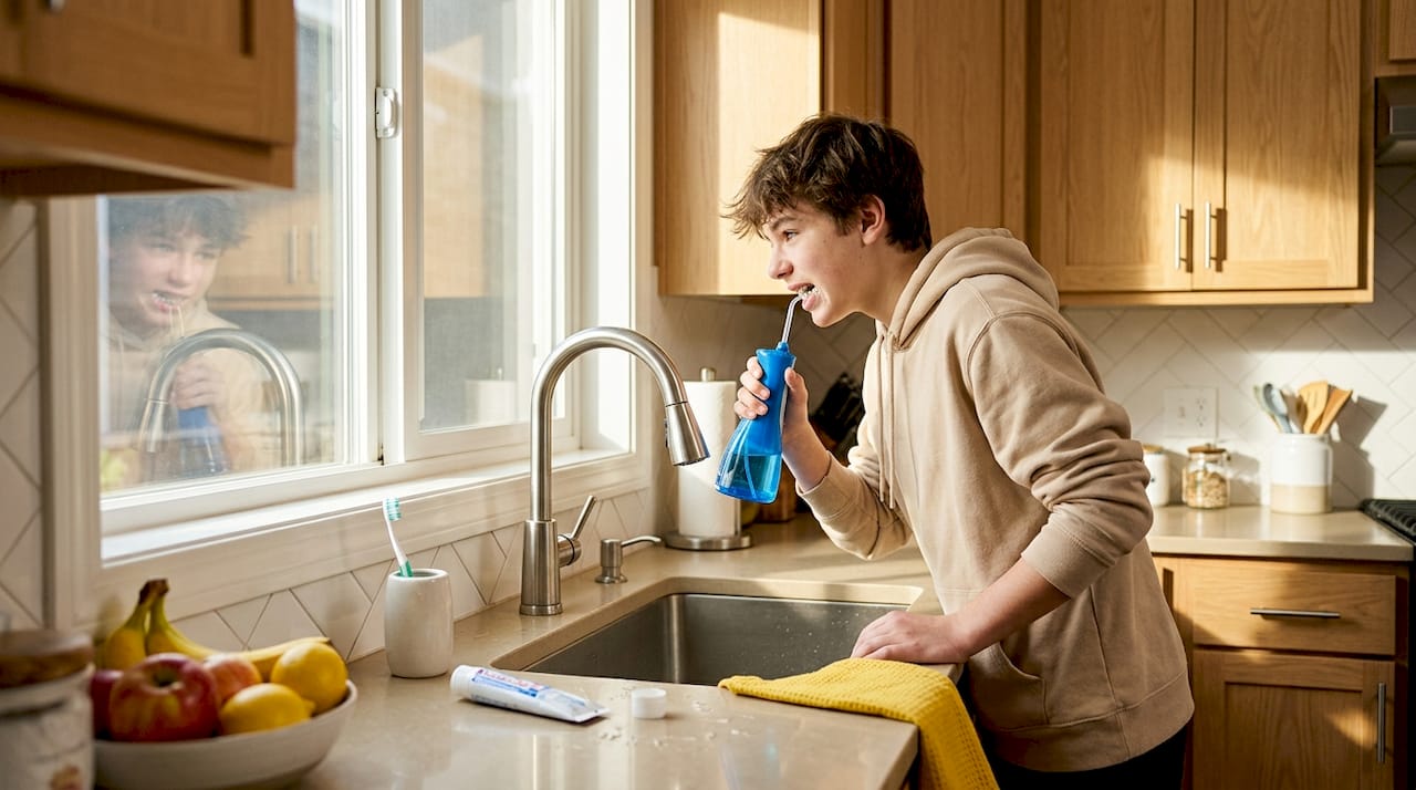 Teen using water flosser for crowded teeth