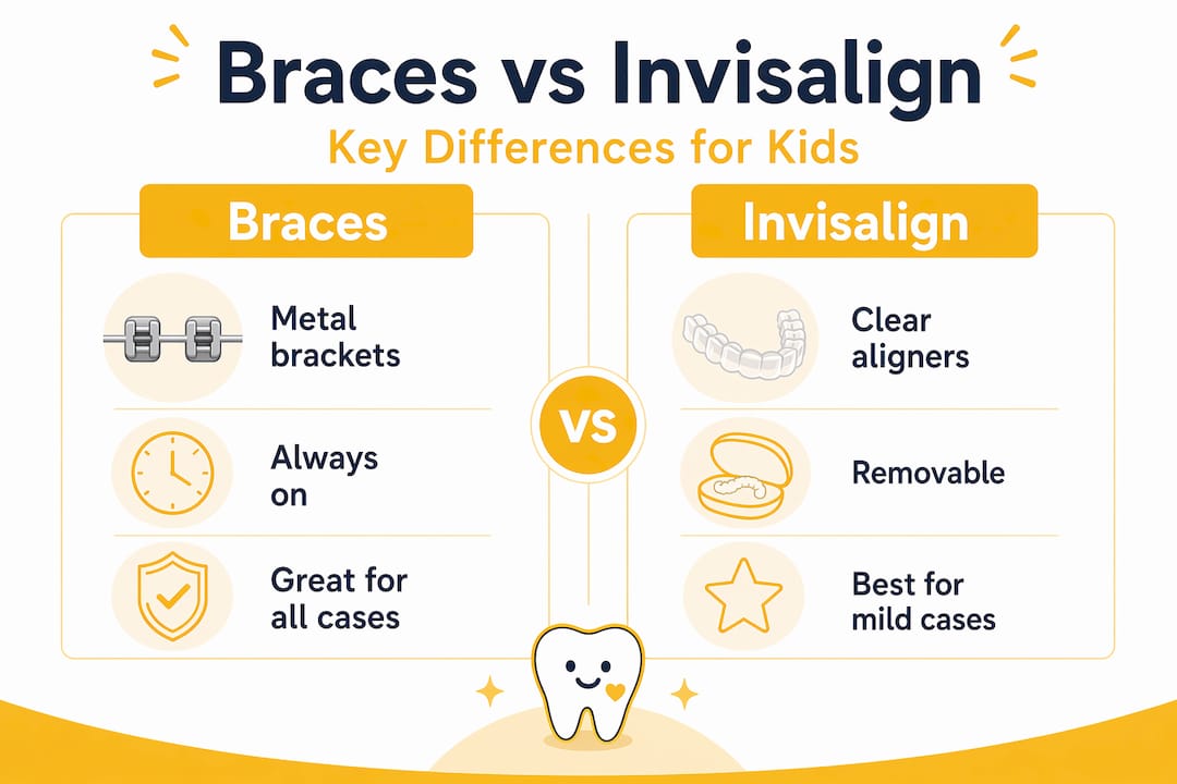 Infographic comparing braces and Invisalign for children