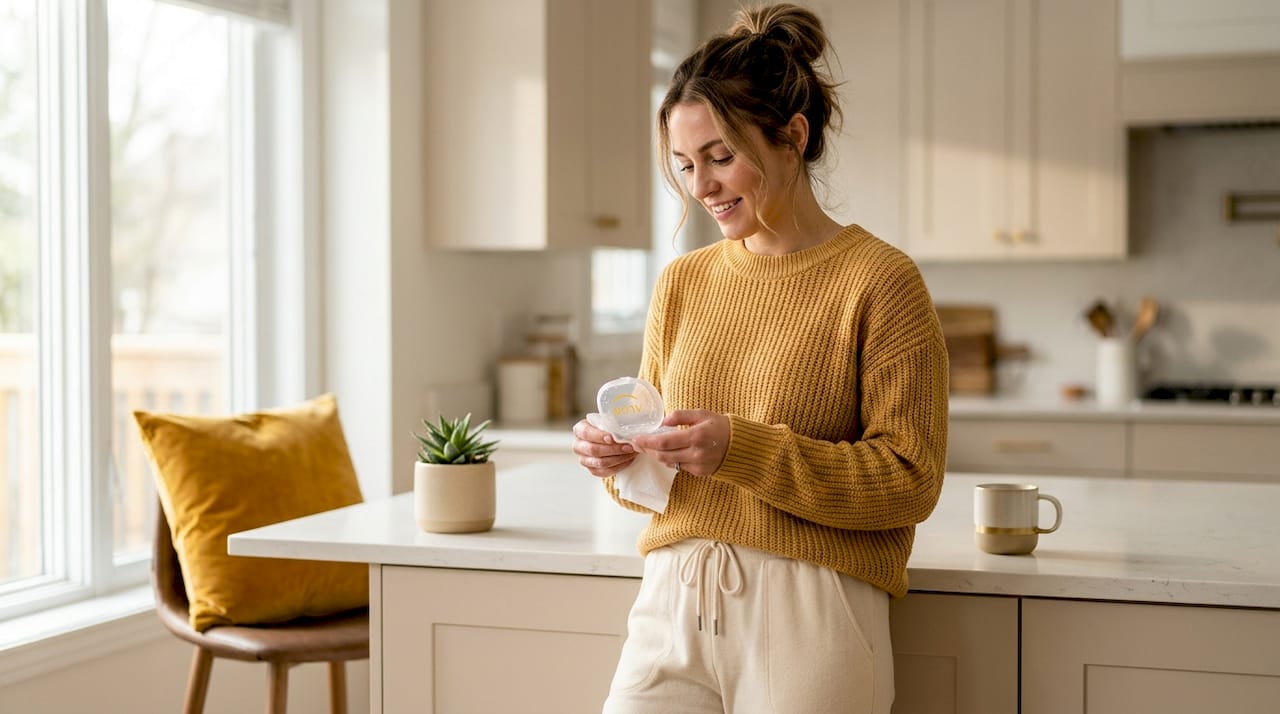 Woman handling aligner case at entryway table