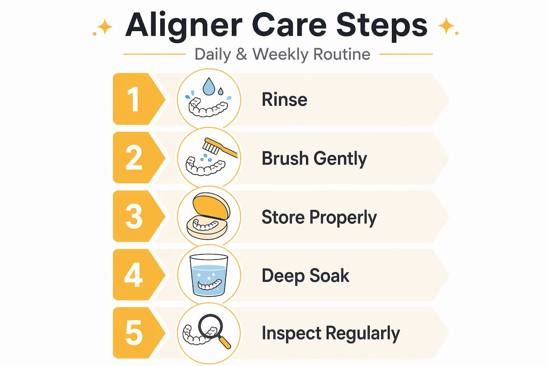 Infographic showing daily and weekly aligner care steps