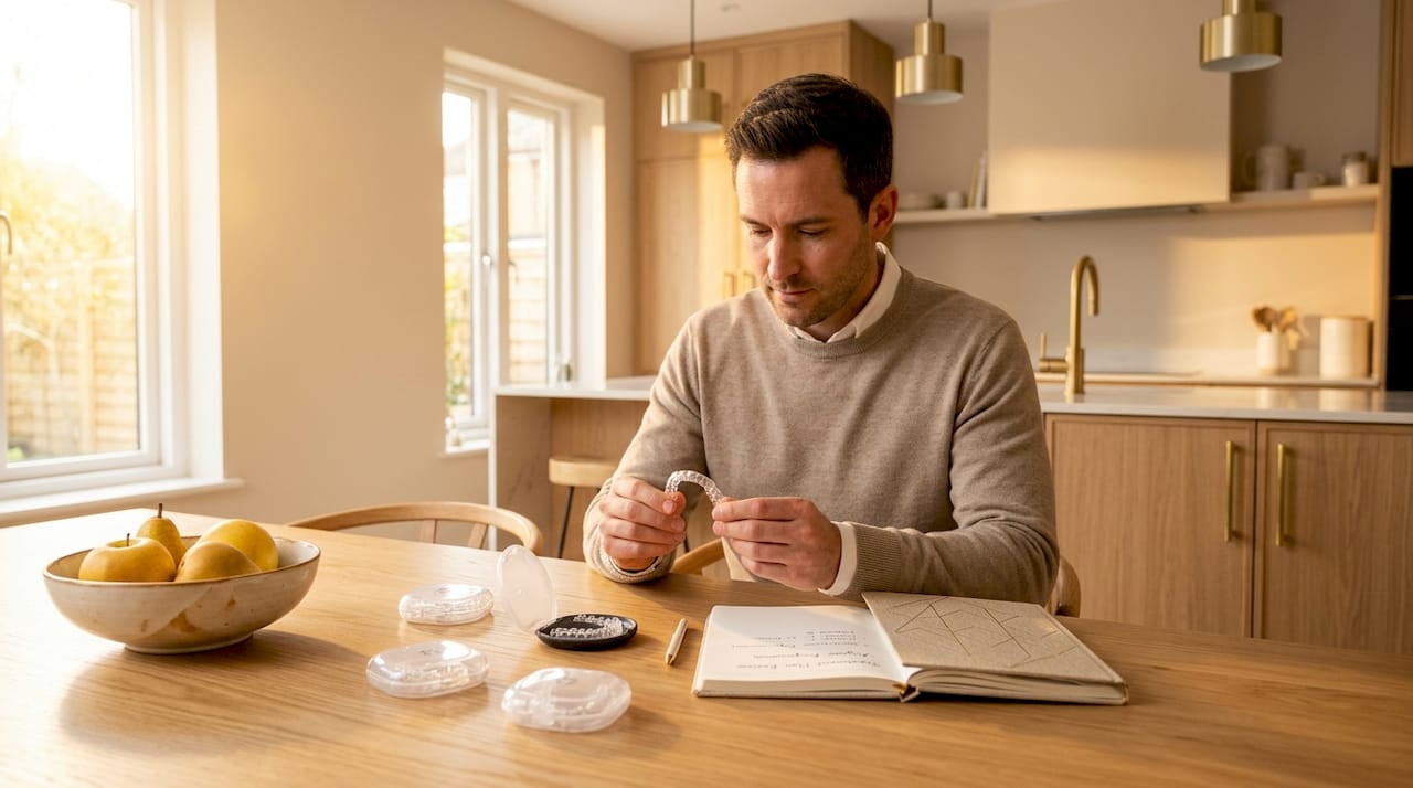 Adult researching clear aligner options at kitchen table