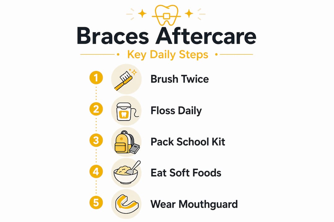 Infographic showing key daily braces aftercare steps