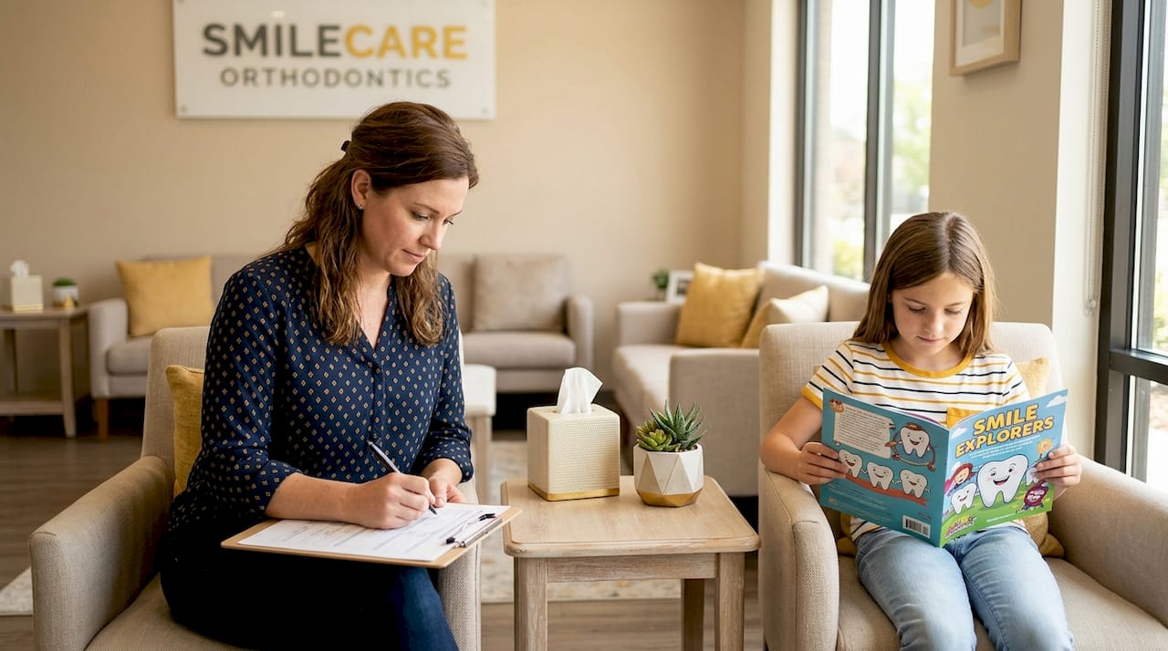 Parent and child fill forms in waiting room