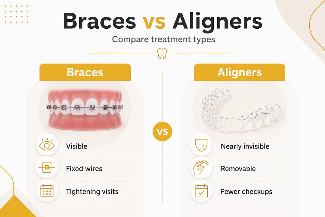 Infographic comparing braces and clear aligners