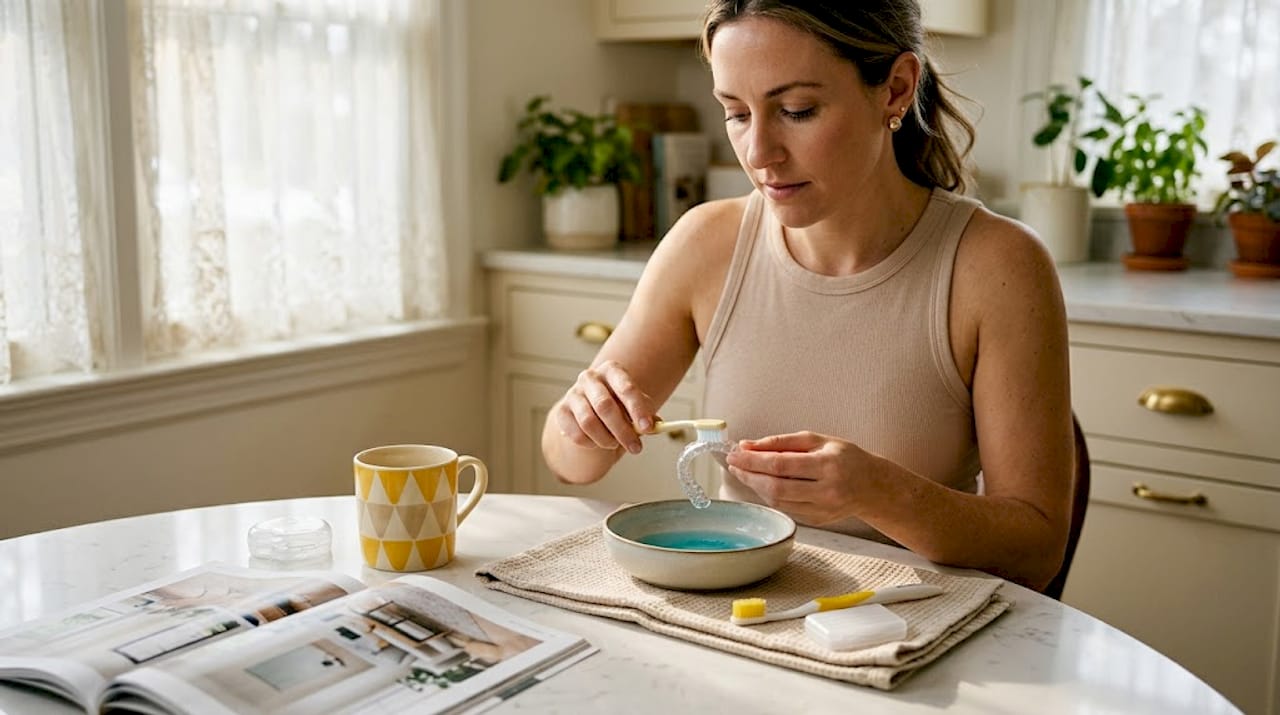 Woman cleaning clear retainer at kitchen table
