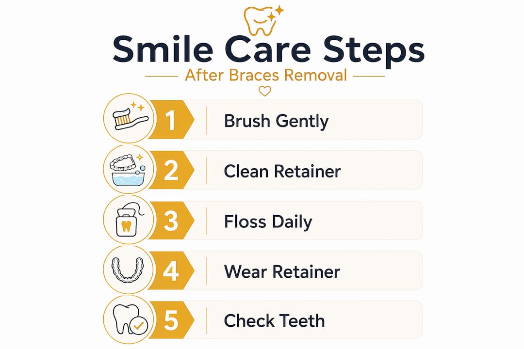 Infographic with five post-braces care steps