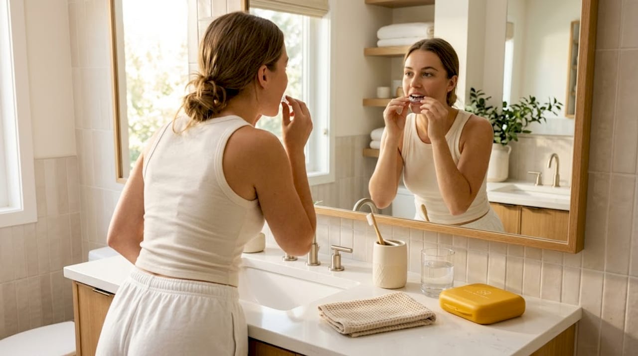 Person inserting clear aligners in morning routine