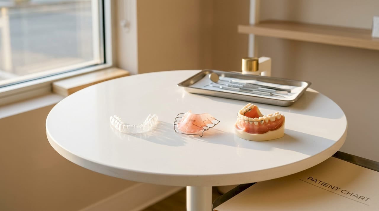 Three types of orthodontic retainers displayed on table