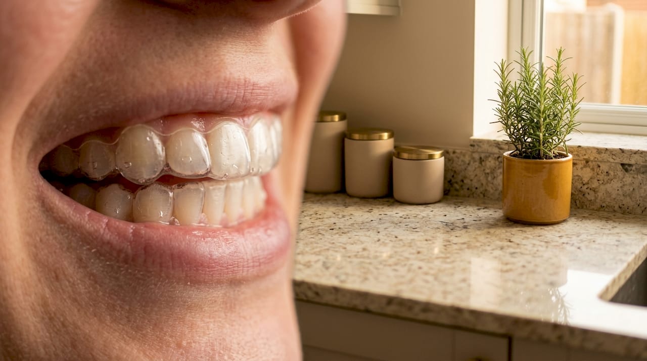 Close-up of clear dental retainer on teeth