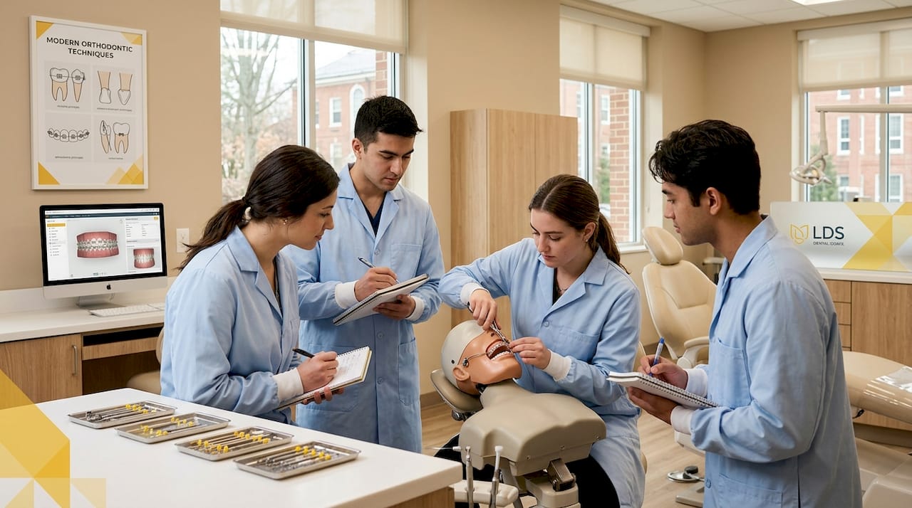 Dental students practicing orthodontics on mannequin in clinic