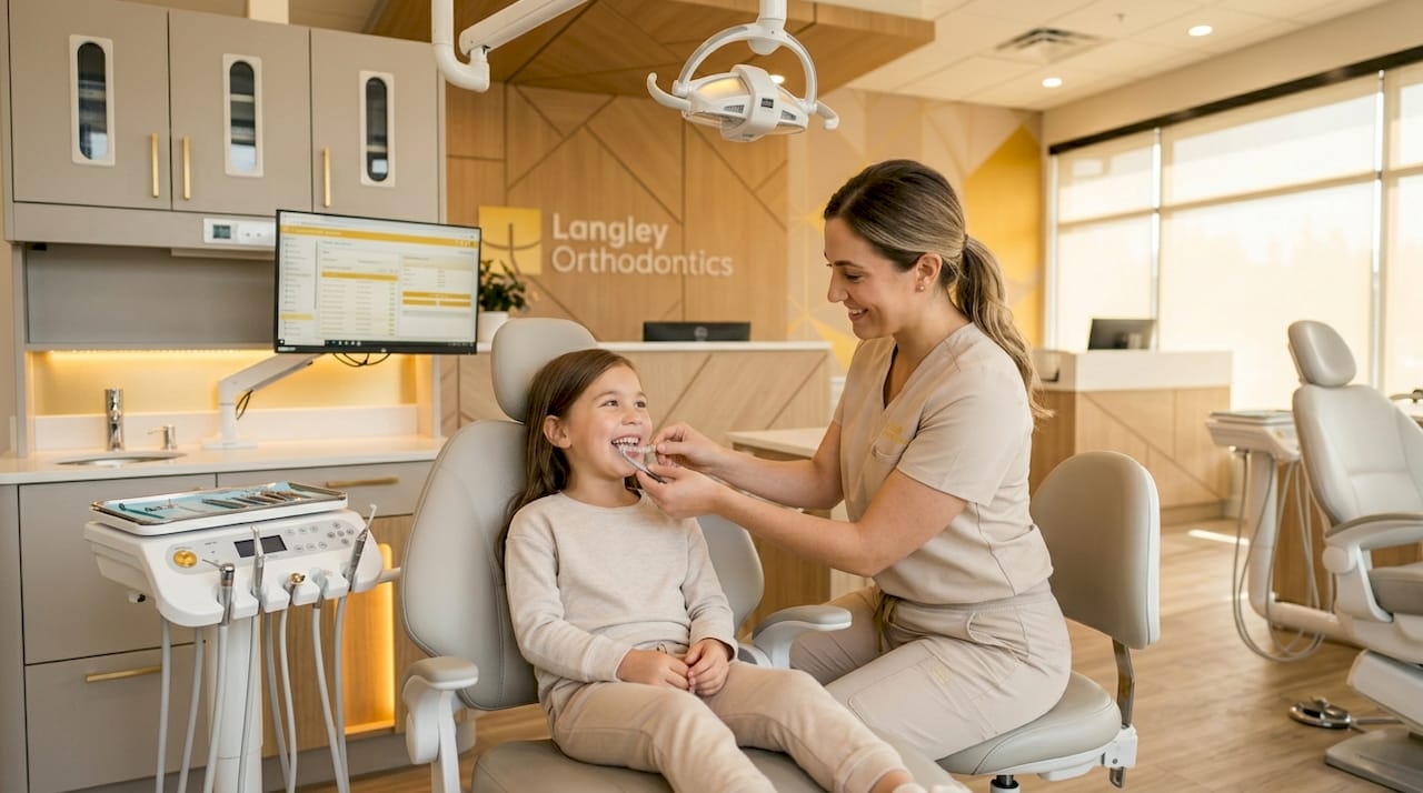 Seven-year-old child receiving orthodontic checkup