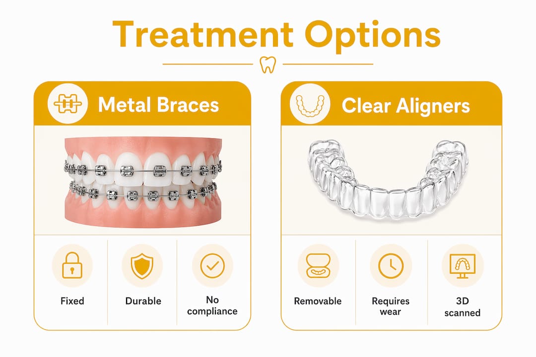 Infographic comparing metal braces and clear aligners for children