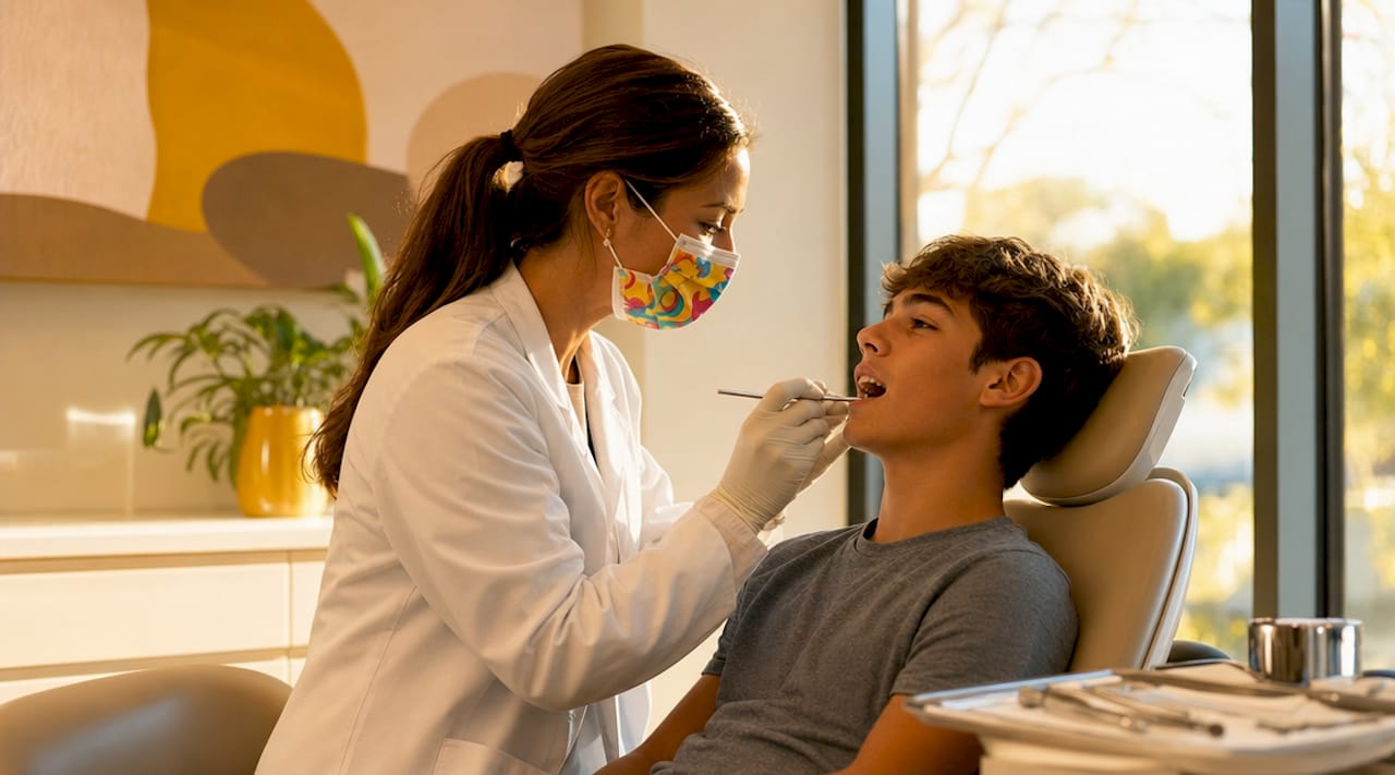 Dentist examining adolescent patient’s mouth