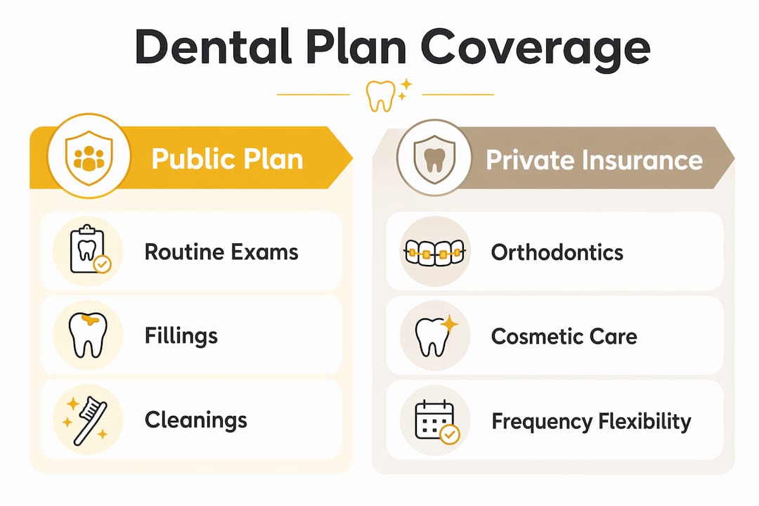Infographic comparing public and private dental plan coverages