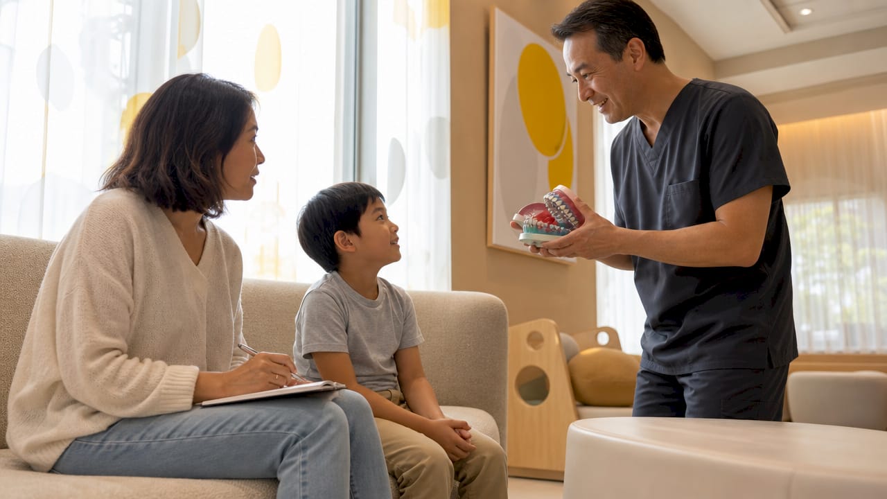 Orthodontist explaining jaw development to mother and child