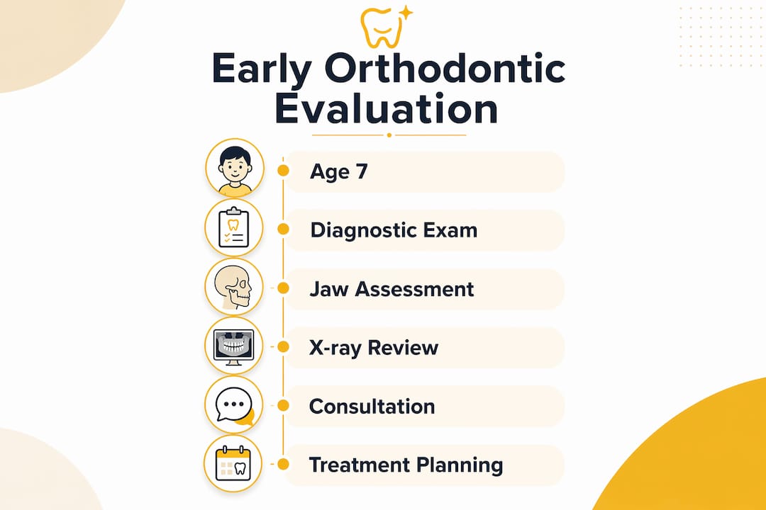 Infographic outlining early orthodontic evaluation steps