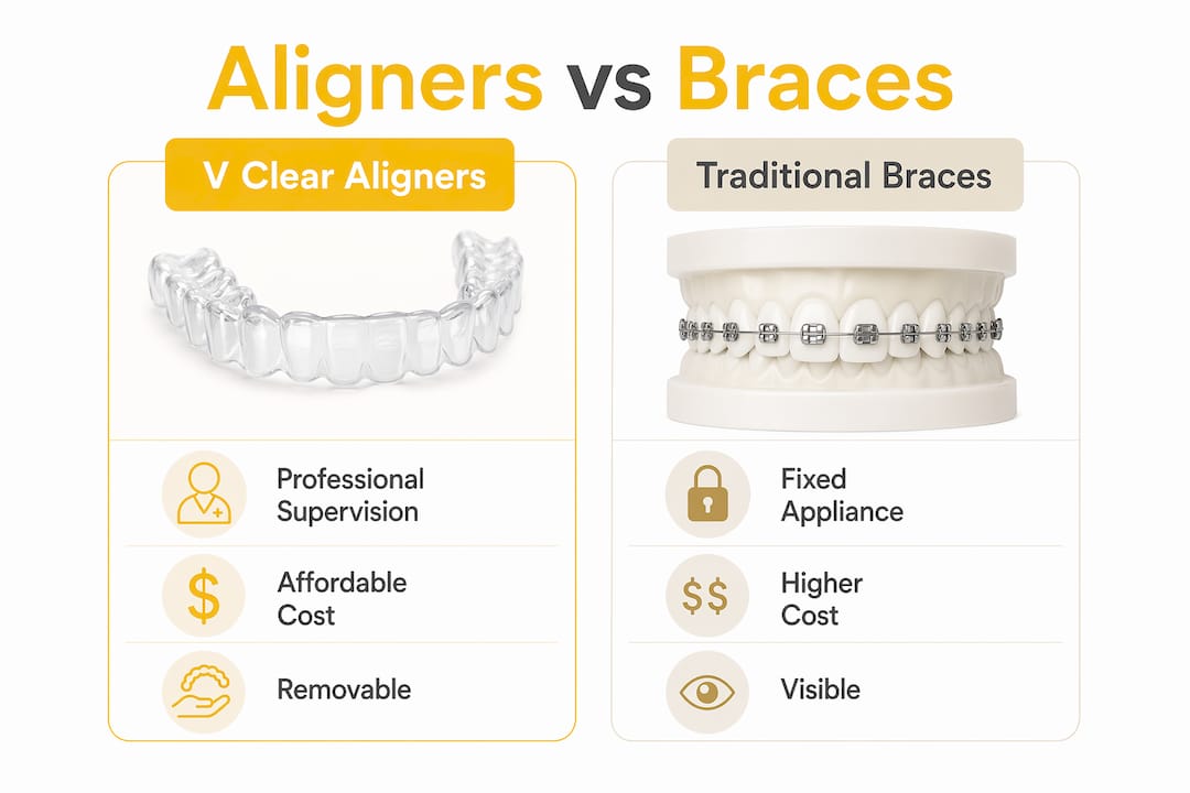 Infographic comparing V Clear Aligners and traditional braces