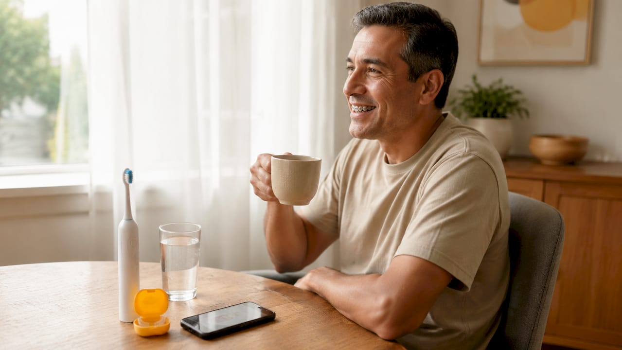 Man with braces managing dental care at home