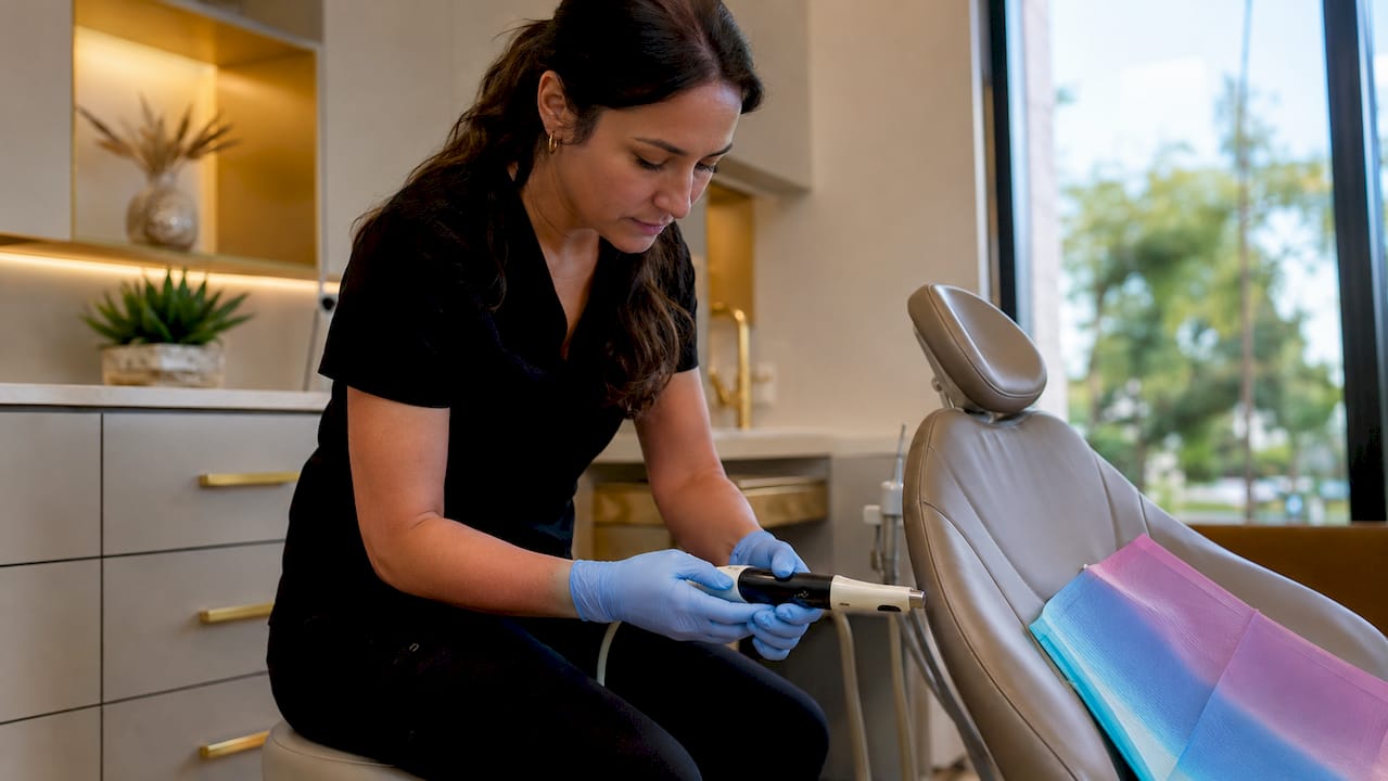 Dental assistant preparing orthodontic scanning device