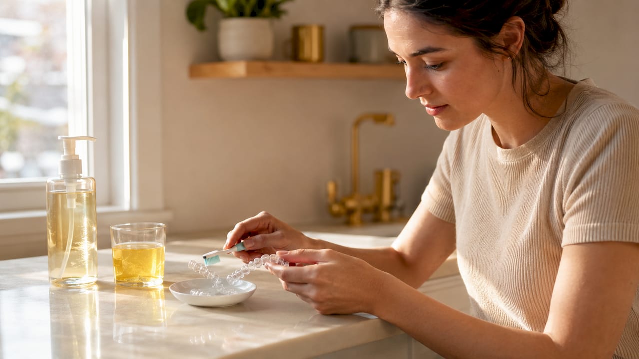 Hands cleaning Invisalign aligner over sink