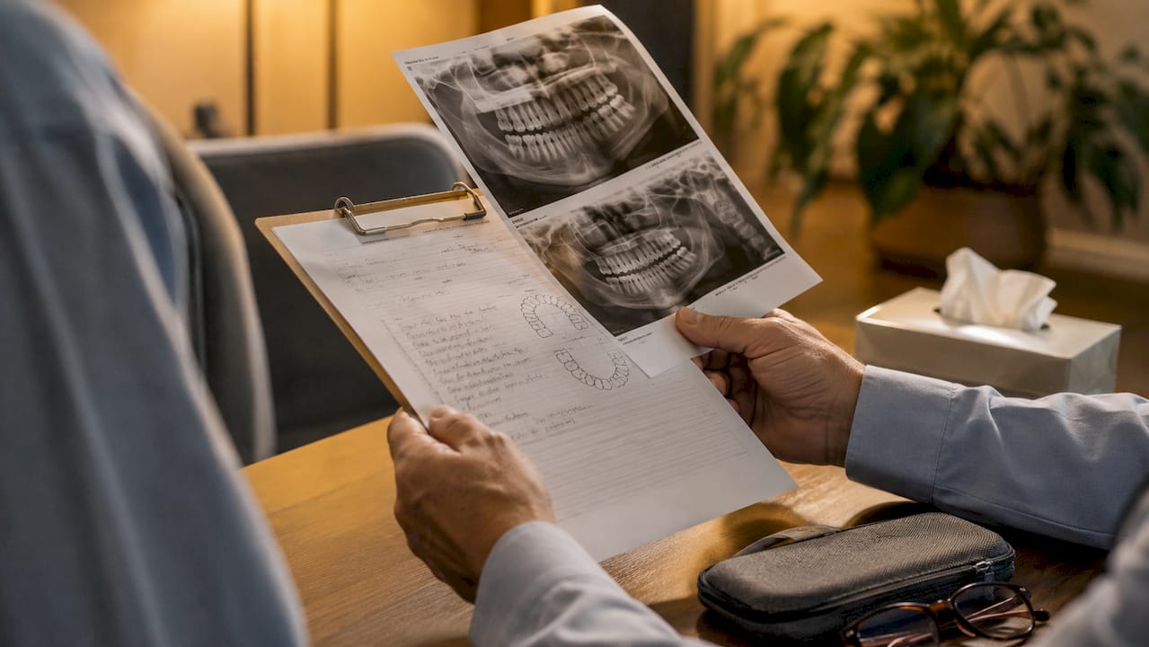 Hands reviewing dental X-rays and notes