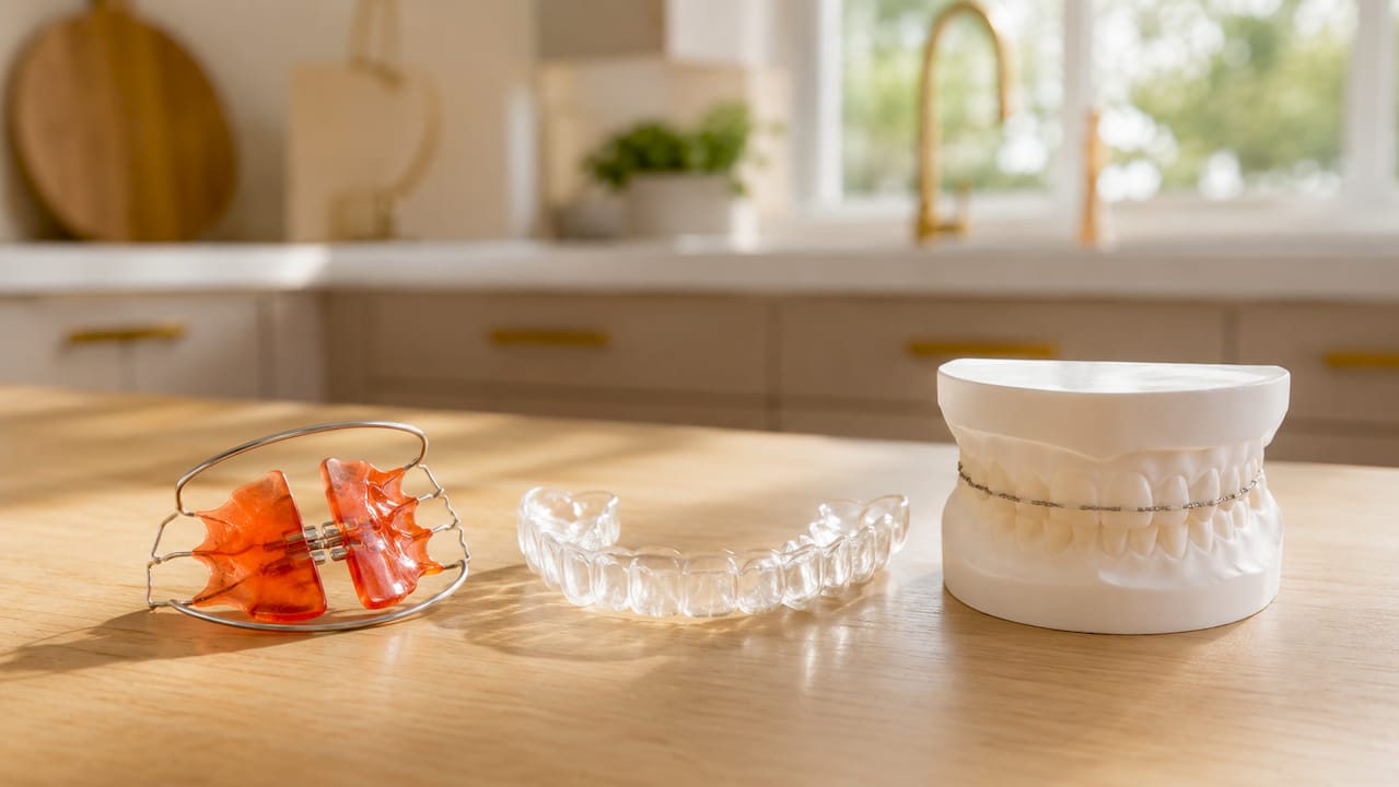 Three types of orthodontic retainers on dental tray