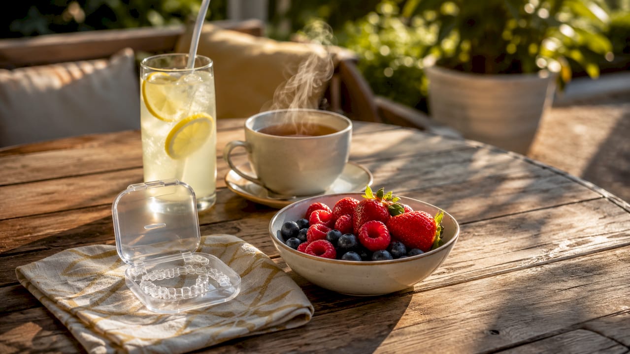 Kitchen table with food and Invisalign case