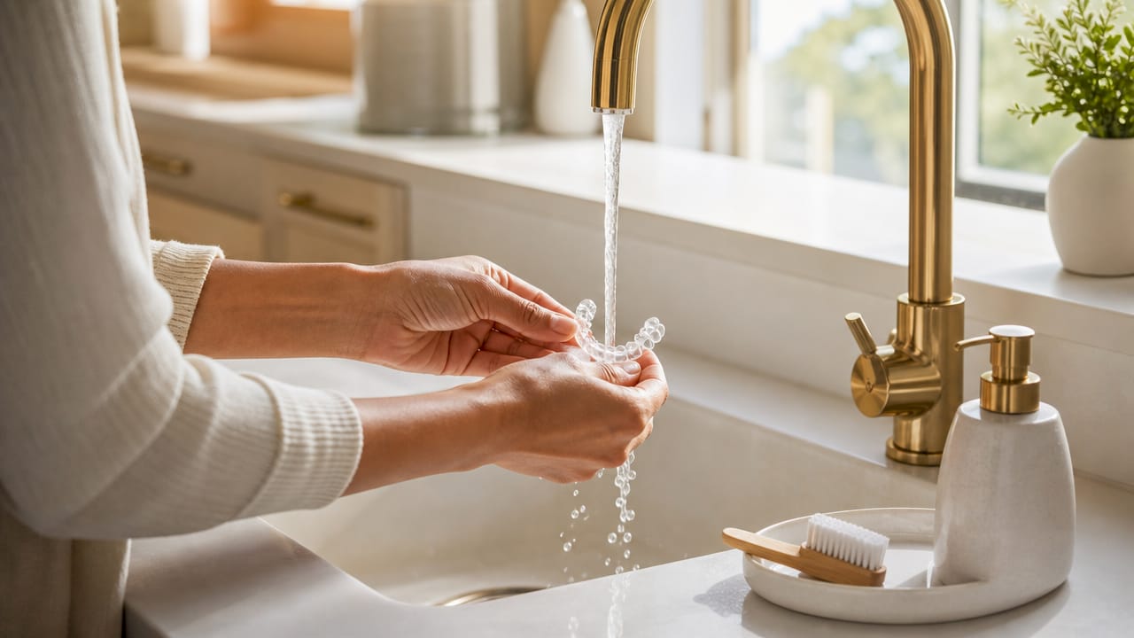 Hands cleaning retainer in bathroom sink