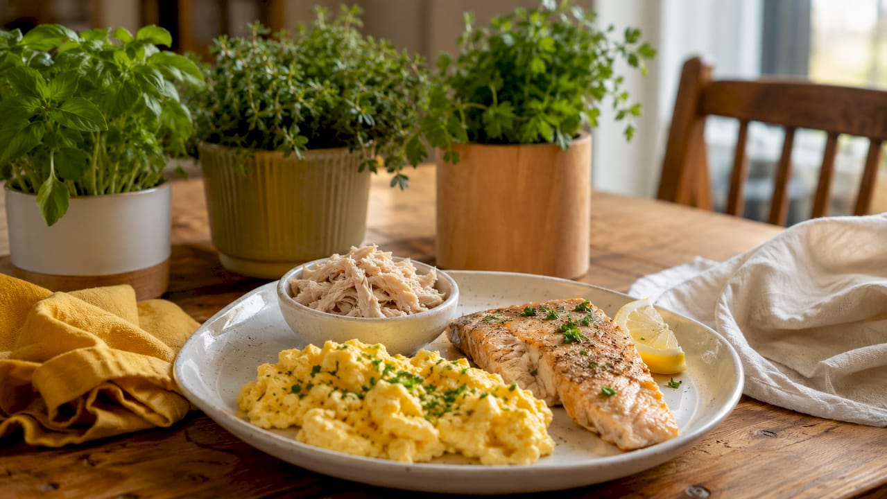Plate with braces-safe soft proteins including eggs, fish, and shredded chicken