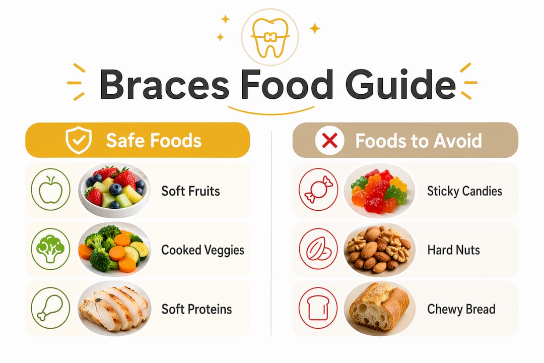 Infographic comparing safe versus unsafe foods for braces