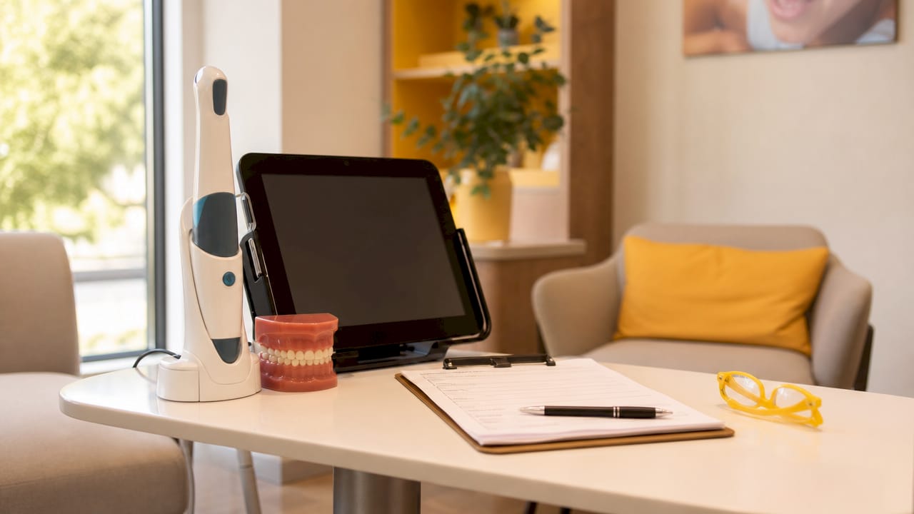 Dental assessment tools and health form on desk