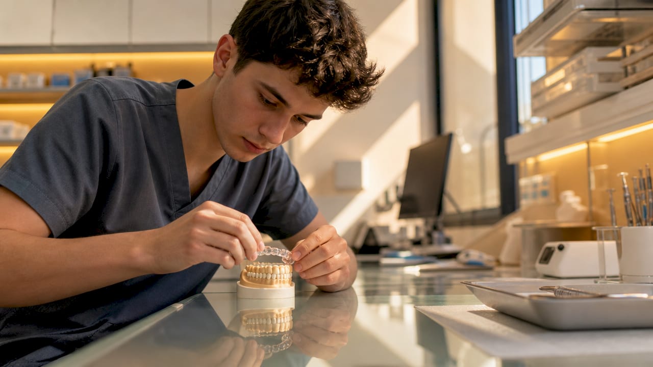 Hands fitting clear aligner on dental mold