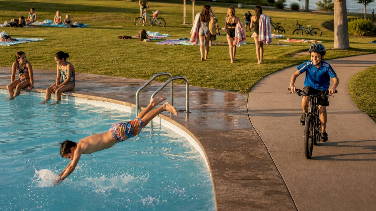 Children swimming and cycling with braces outdoors
