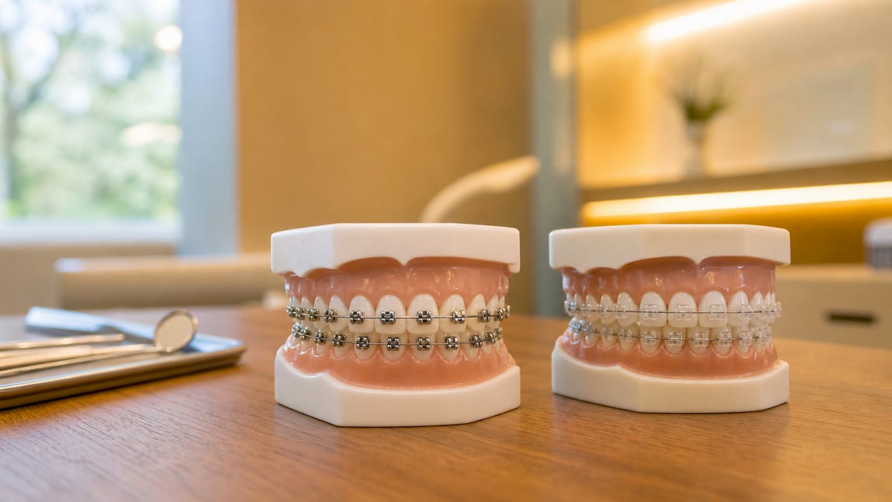 Close-up of metal vs ceramic braces models