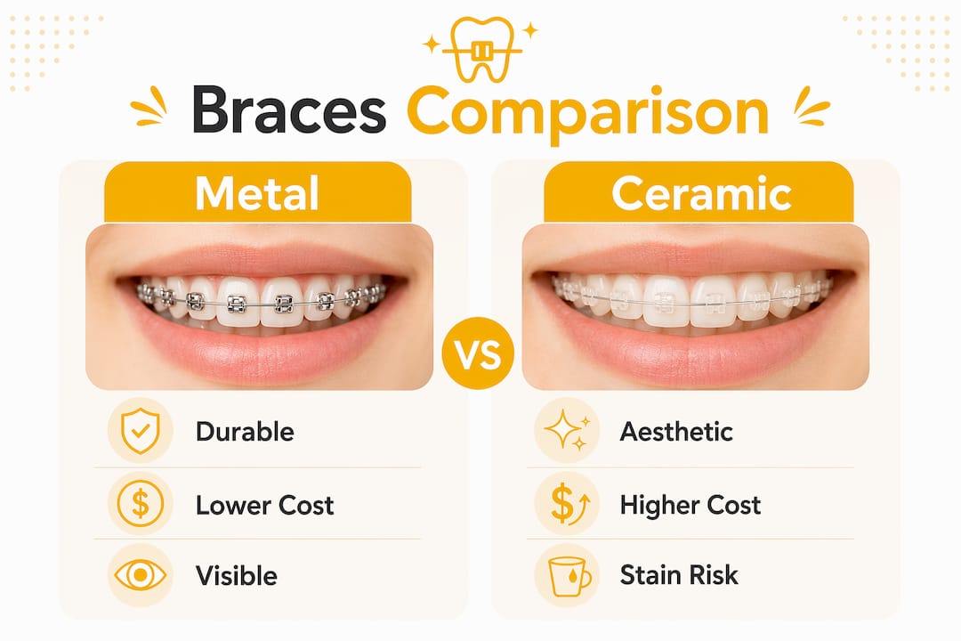 Infographic comparing metal and ceramic braces features